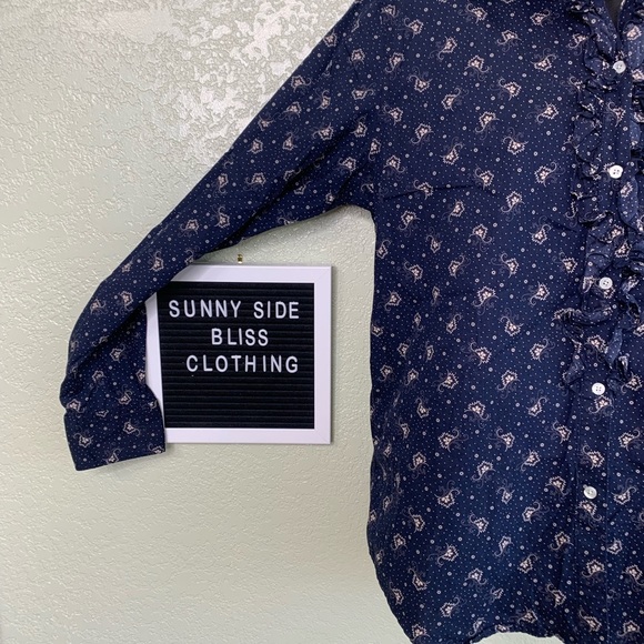 Champs Denim Women’s Ruffled Button Down Paisley Print Work Blouse Size Large - Picture 2 of 9